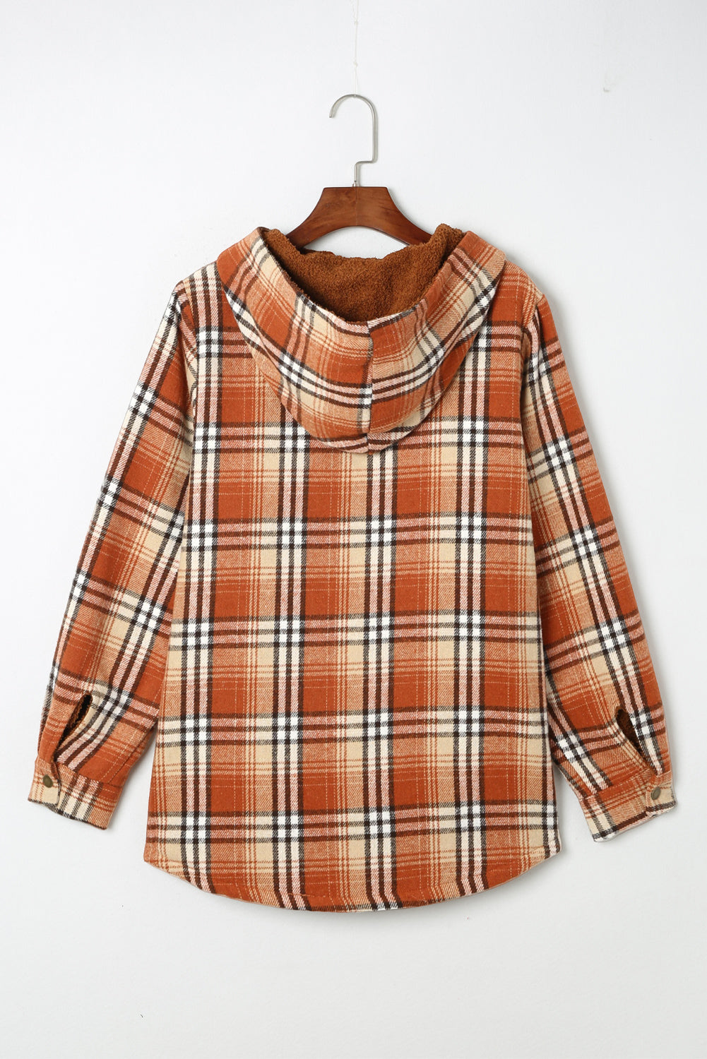 Orange Snap Button Sherpa Lined Hooded Flannel Jacket