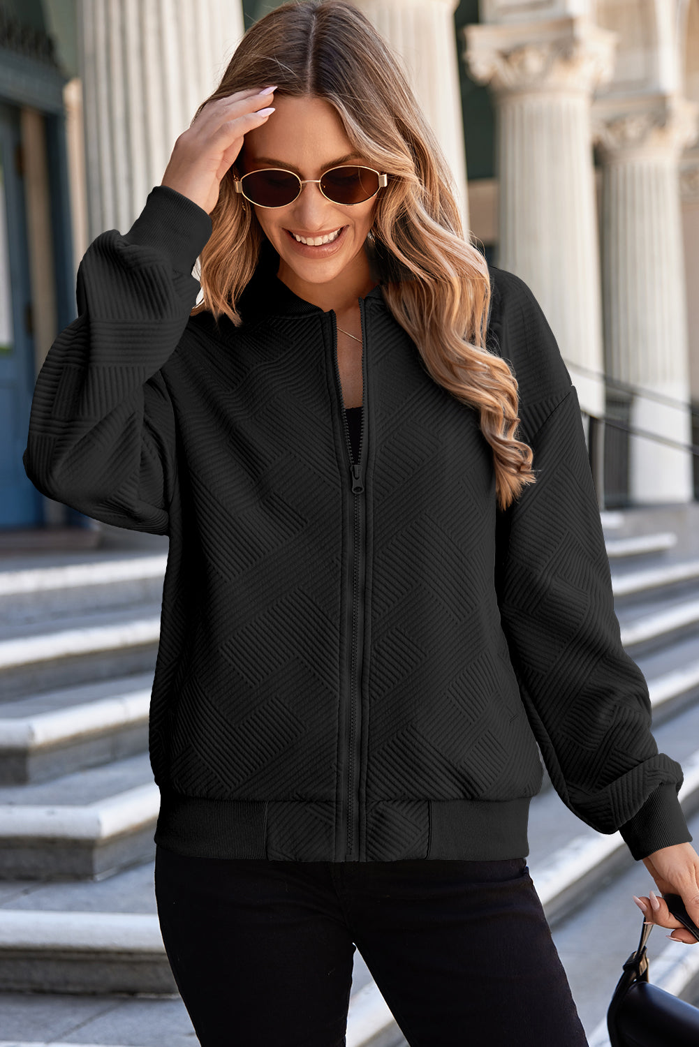 Black Plain Textured Stand Neck Zipper Bomber Jacket