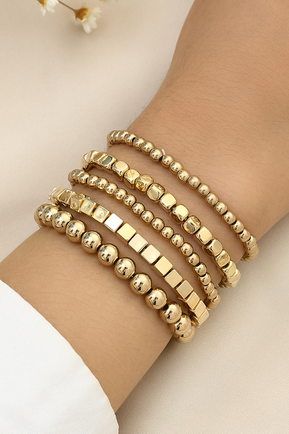 Gold 5Pcs Plated Cube Beaded Bracelet Set