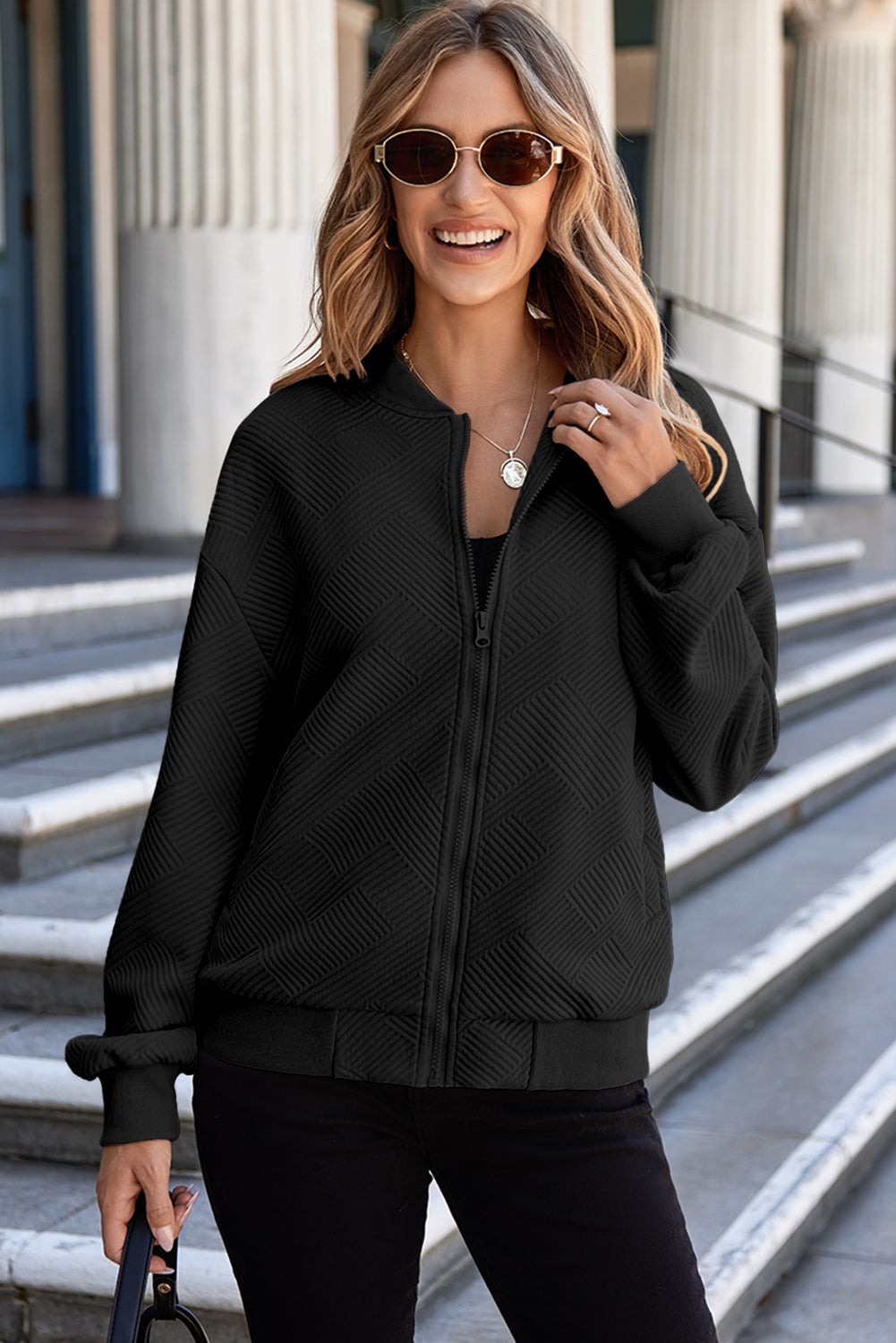 Black Plain Textured Stand Neck Zipper Bomber Jacket