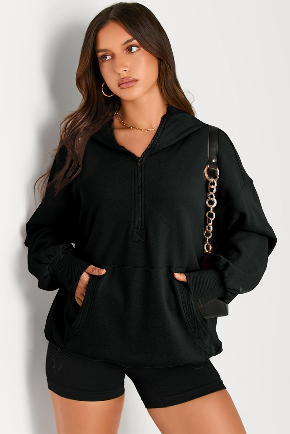 Parchment Kangaroo Pocket Half Zipper Oversized Hoodie