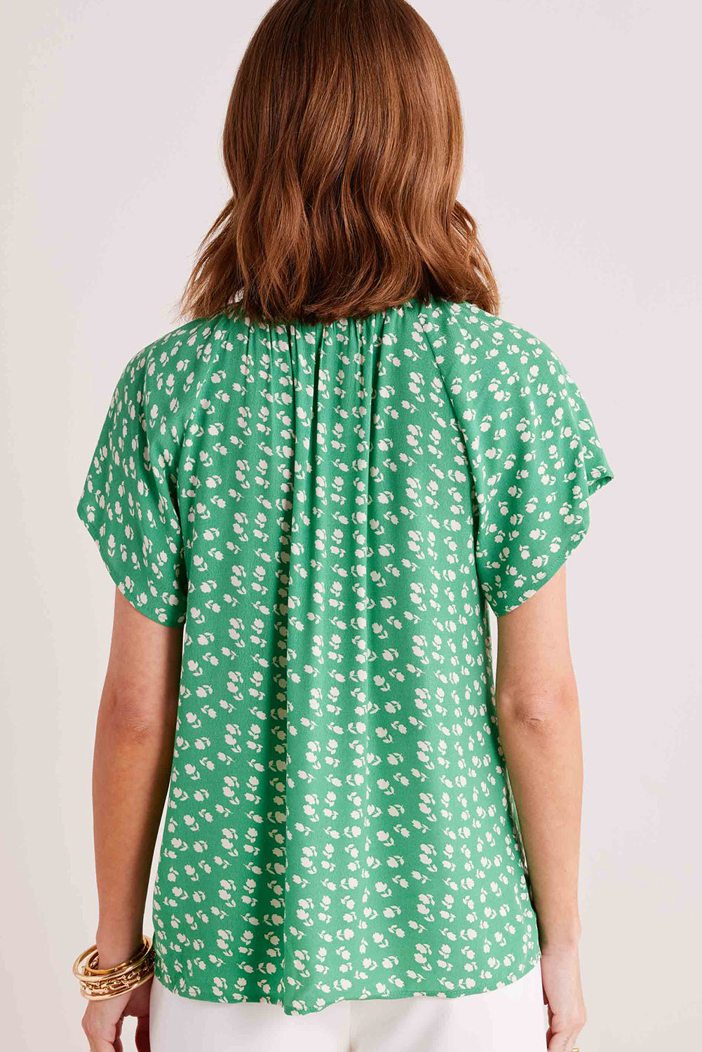 Green Floral Print Stand Neck Short Sleeve Blouse