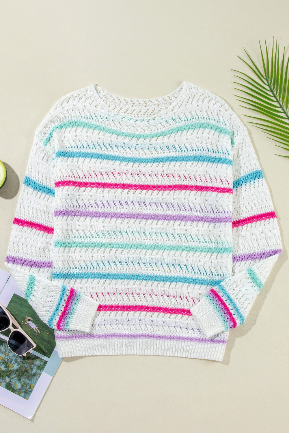 White Striped Hollowed Crochet Loose Fit Knit Top