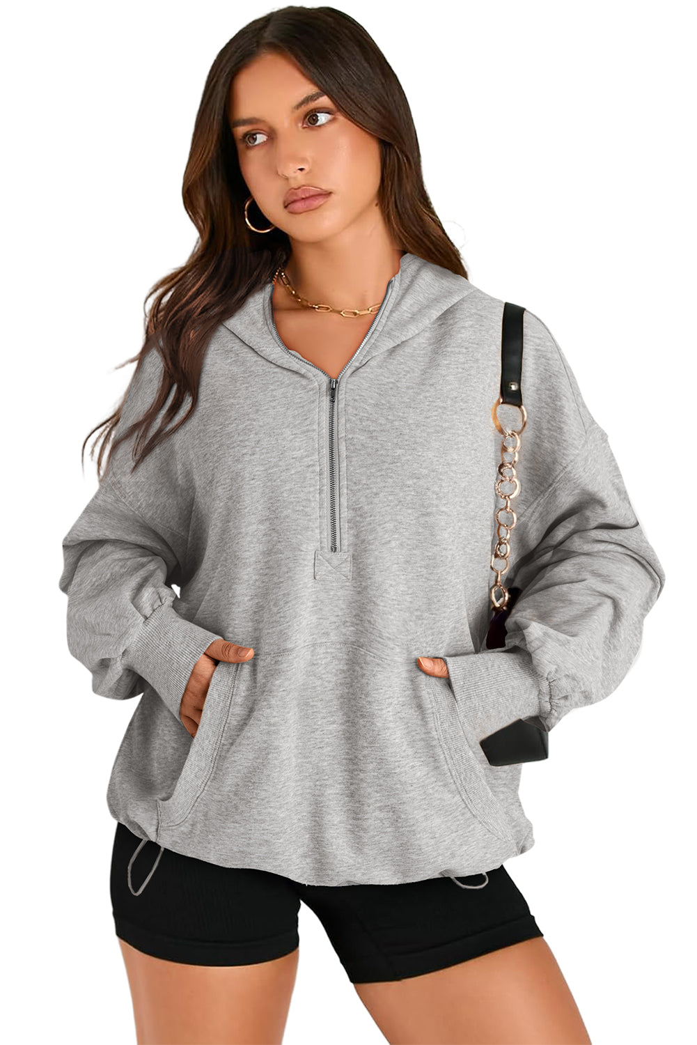 Parchment Kangaroo Pocket Half Zipper Oversized Hoodie