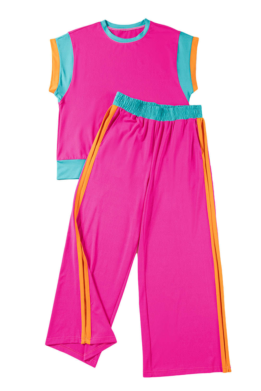 Strawberry Pink Colorblock Cap Sleeve Tee and Wide Leg Pants Set