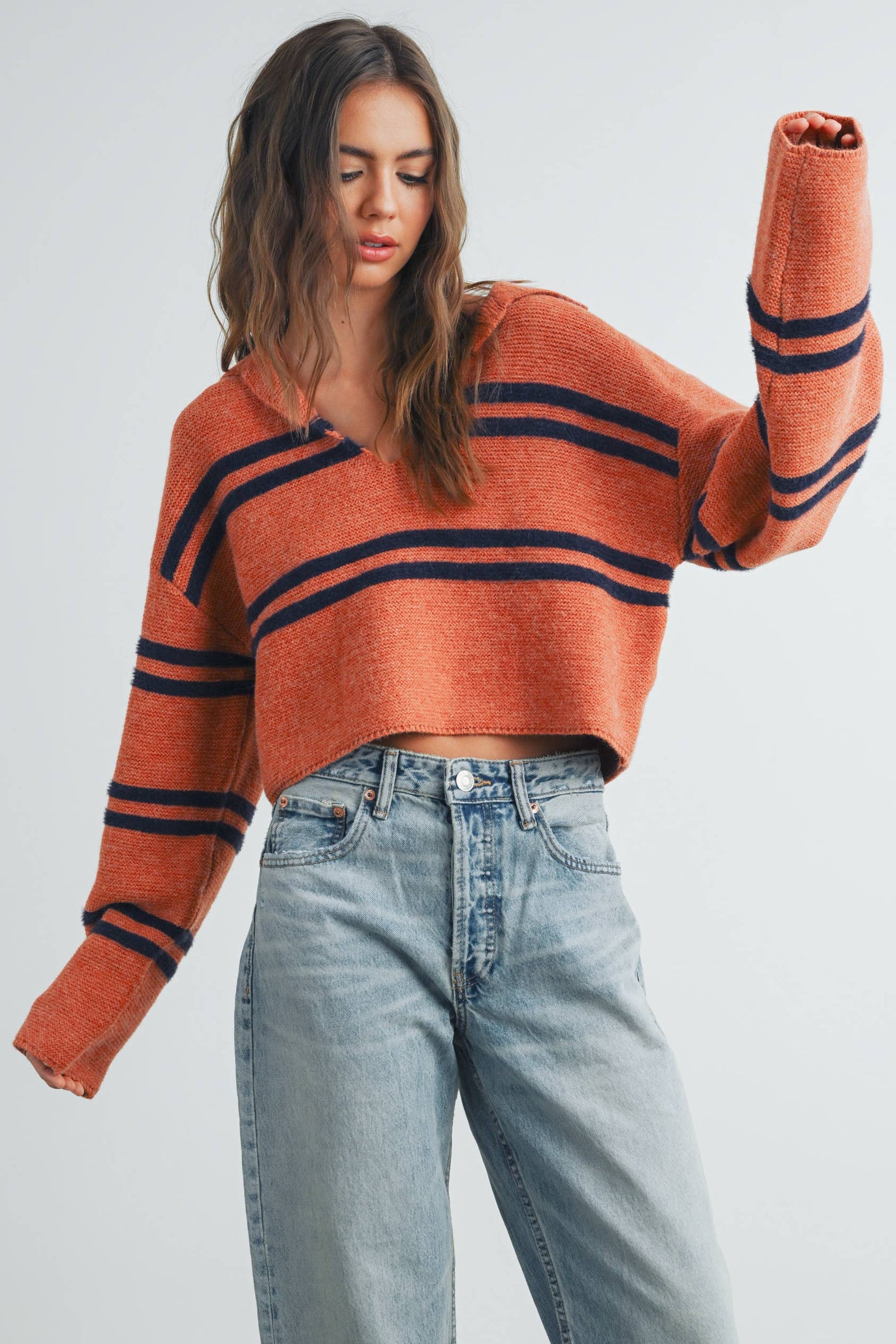STRIPE CROP COLLAR SWEATER TOP - BMW7393