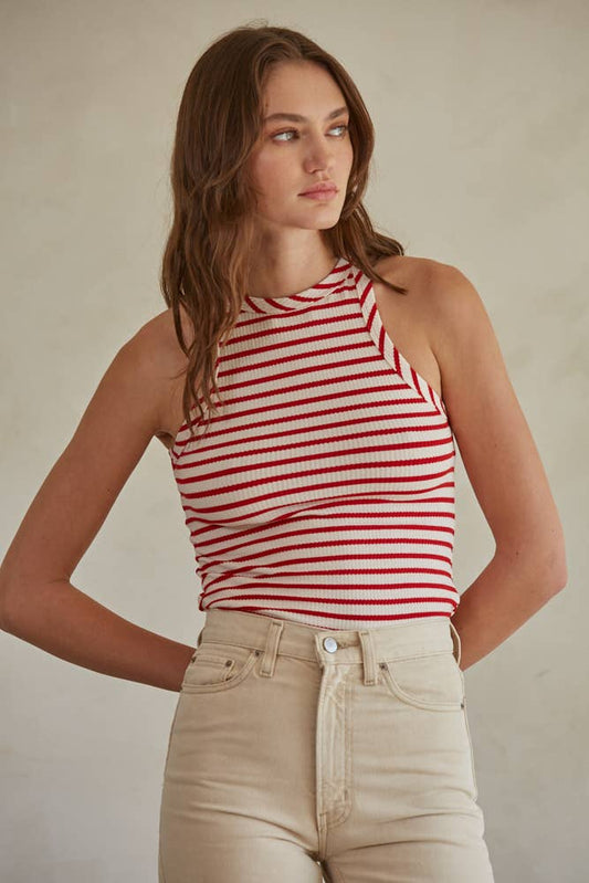 Knit Ribbed Striped Round Neck Sleeveless Tank Top