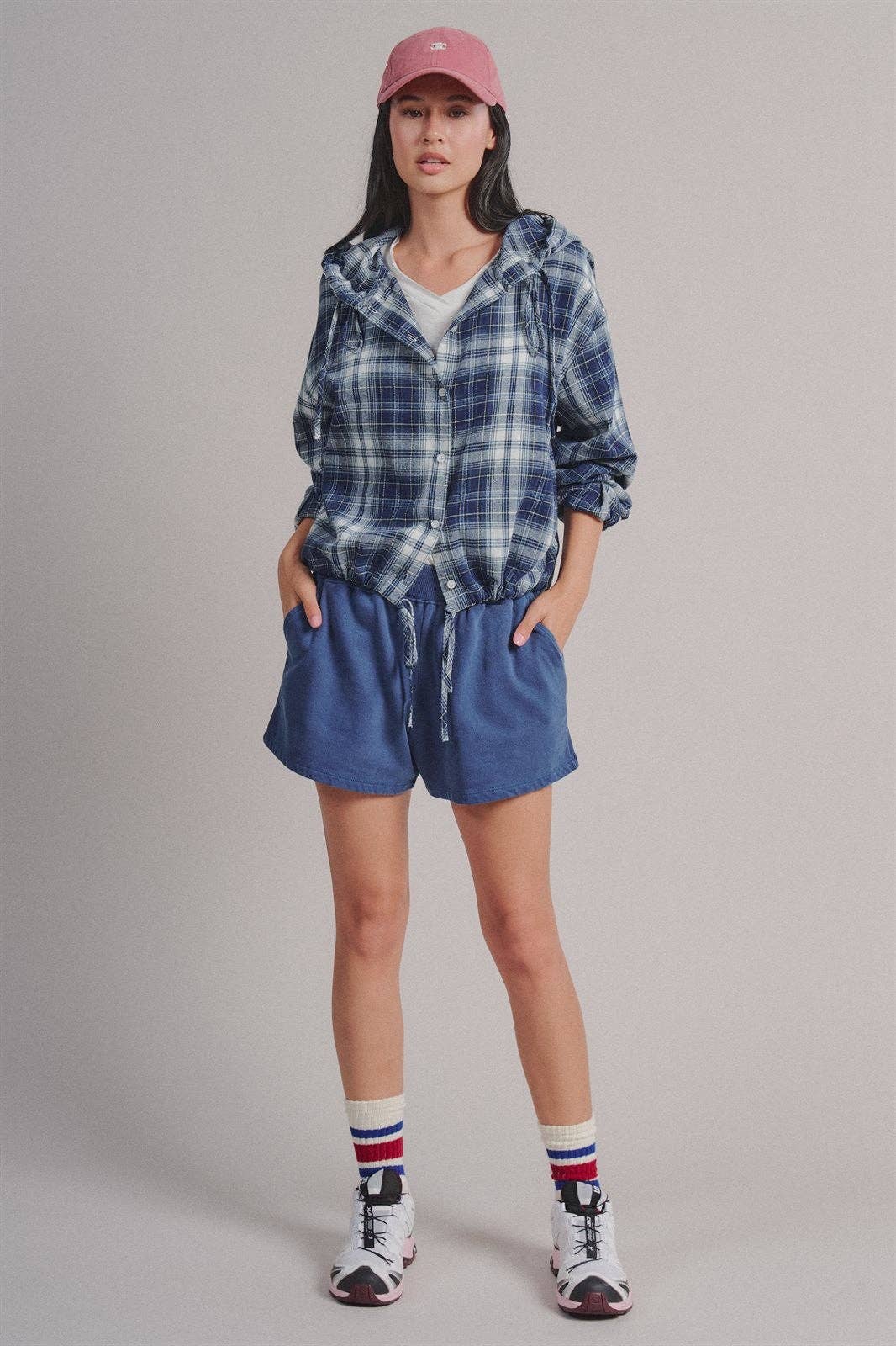 Plaid Flannel Hooded Shacket with Drawstring Hem