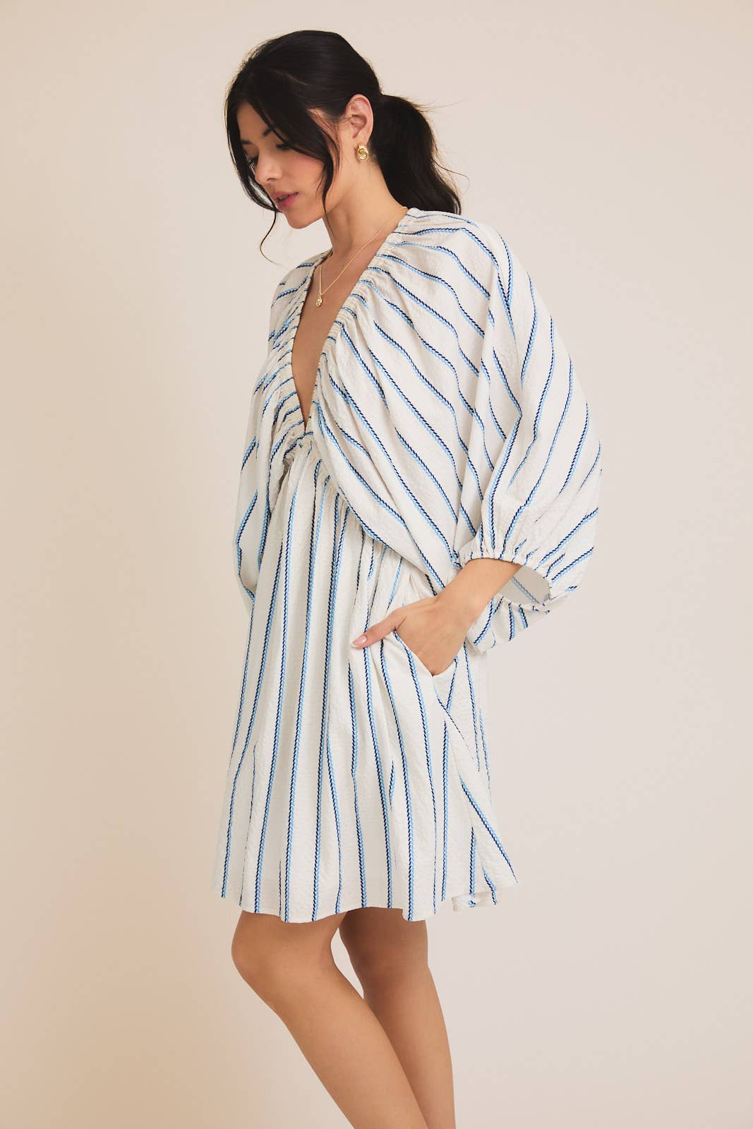 V-NECK BALOON 3/4' SLEEVE STRIPE DRESS