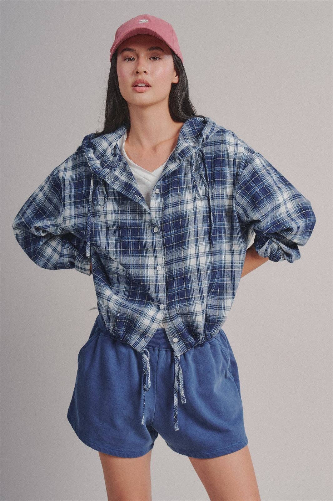 Plaid Flannel Hooded Shacket with Drawstring Hem