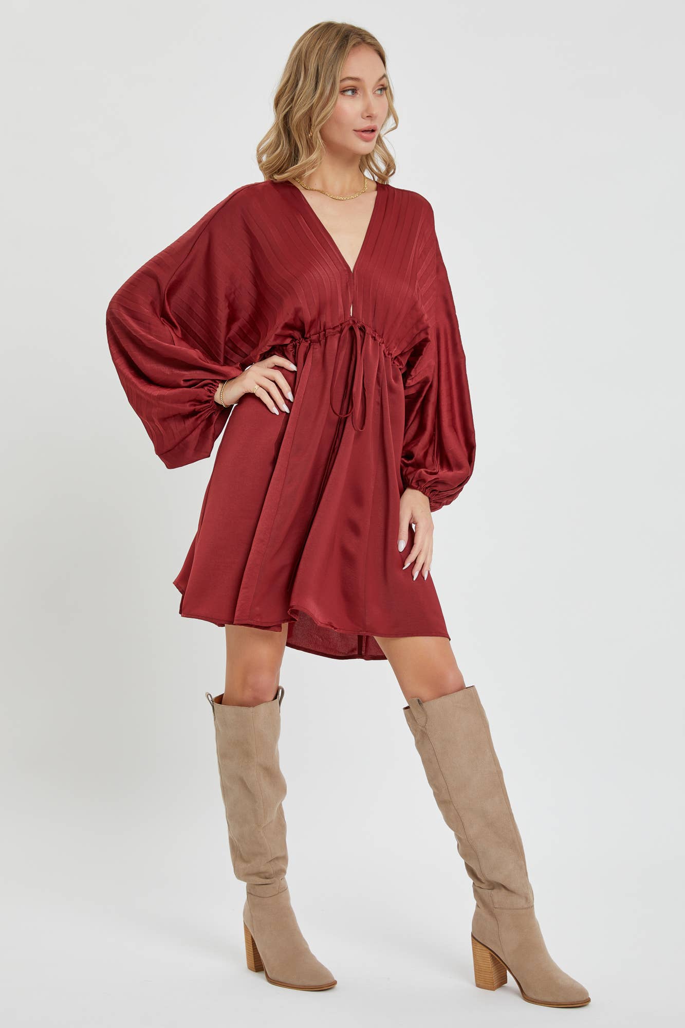 SATIN V NECK PLEATED DRESS