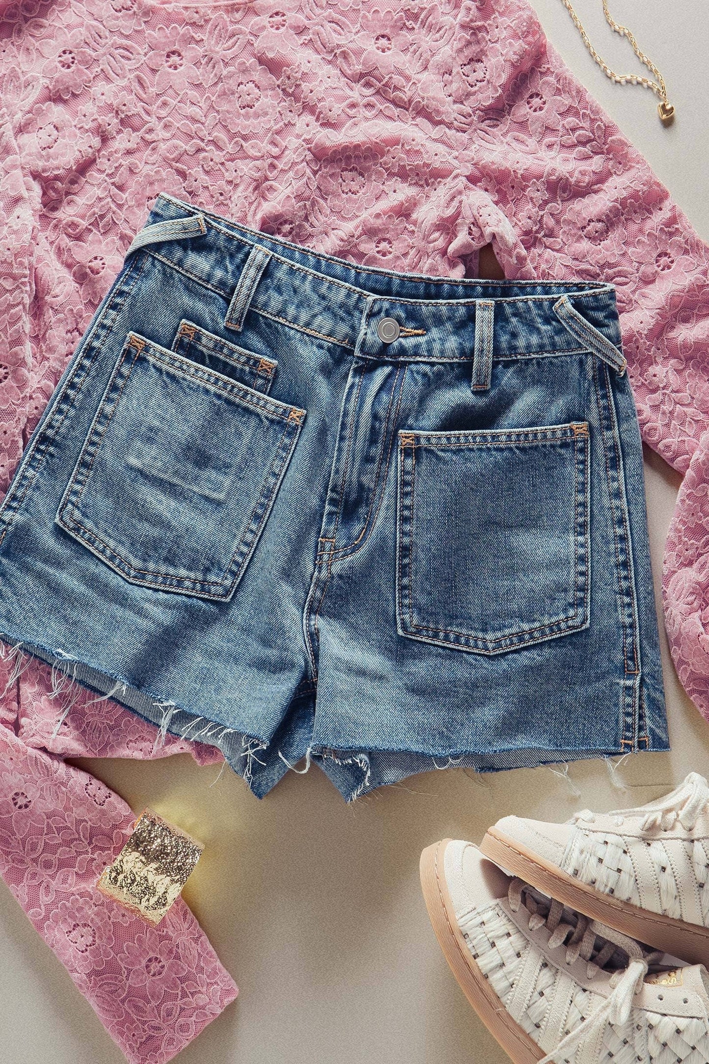 High Rise Patch Pocket Raw Hem Denim Shorts