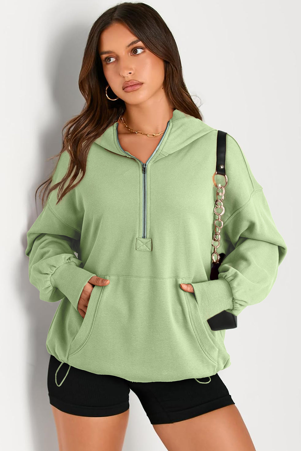 Parchment Kangaroo Pocket Half Zipper Oversized Hoodie