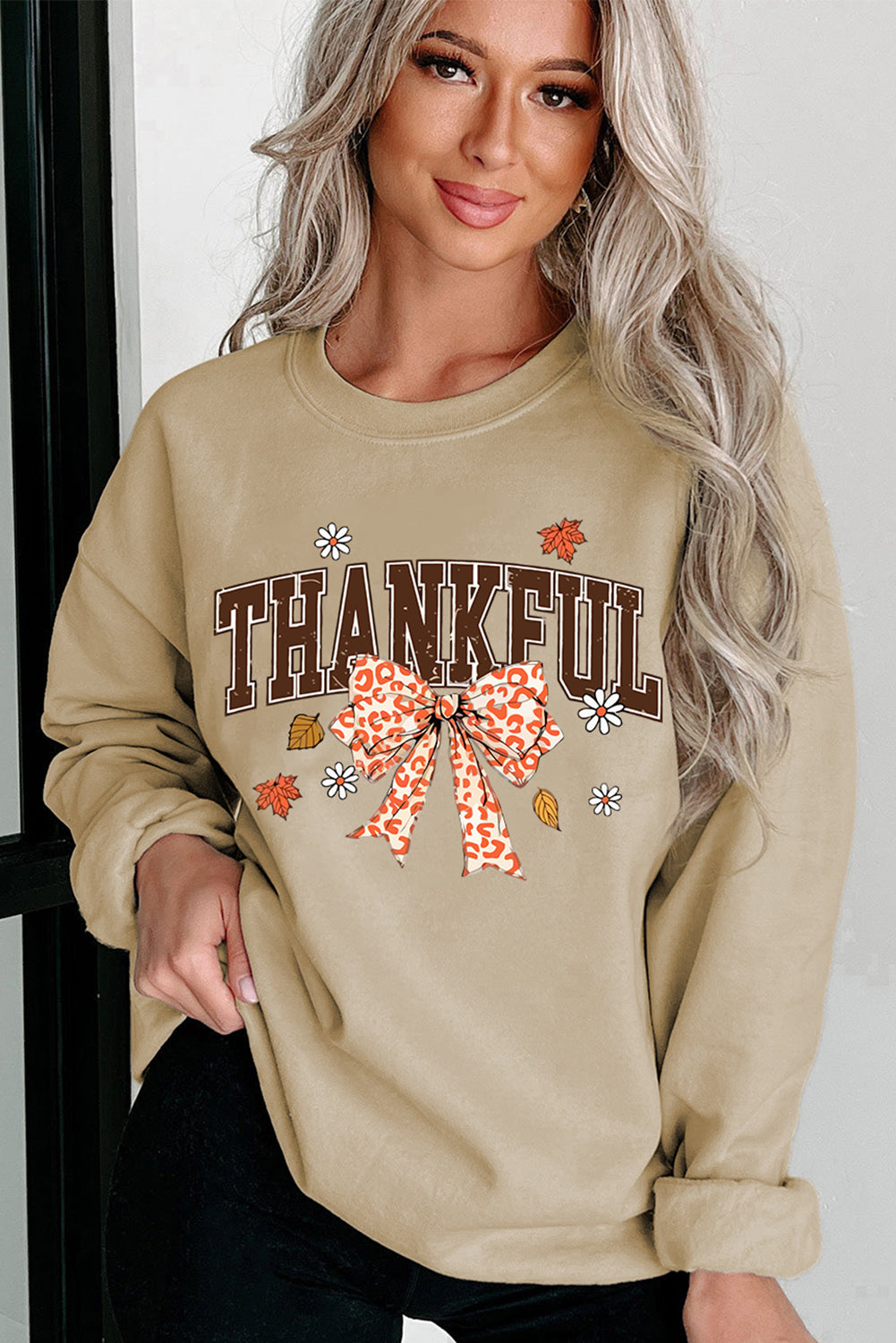 Parchment THANKFUL Leopard Bow Fall Vibe Graphic Sweatshirt