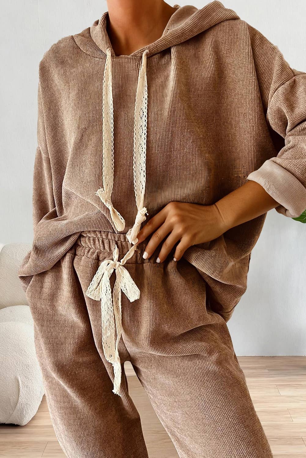 Drawstring Pullover Hoodie and High Waist Pants Corduroy Set