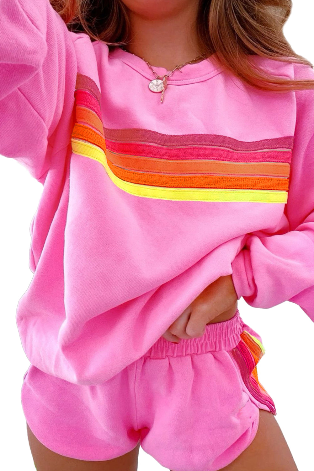 Apricot Colorful Striped Long Sleeve Pullover and Shorts Set