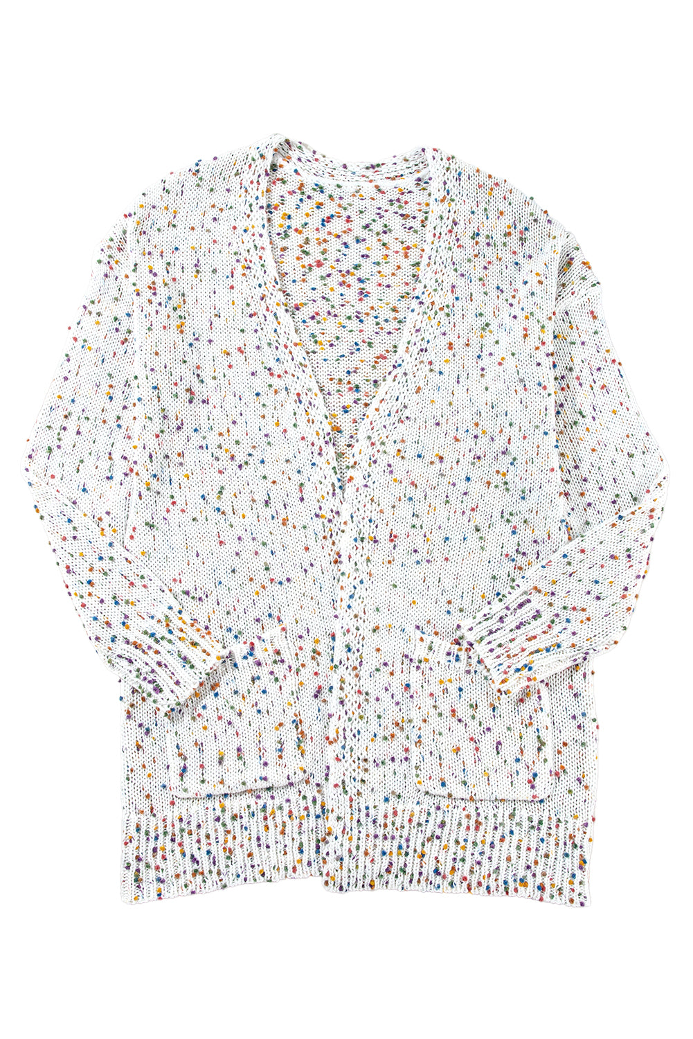 White Dotted Rib Knit Open Front Pocketed Cardigan