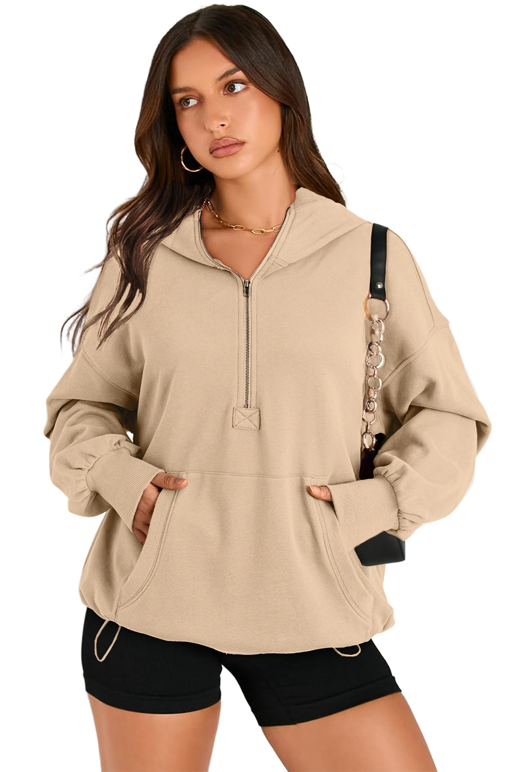 Parchment Kangaroo Pocket Half Zipper Oversized Hoodie