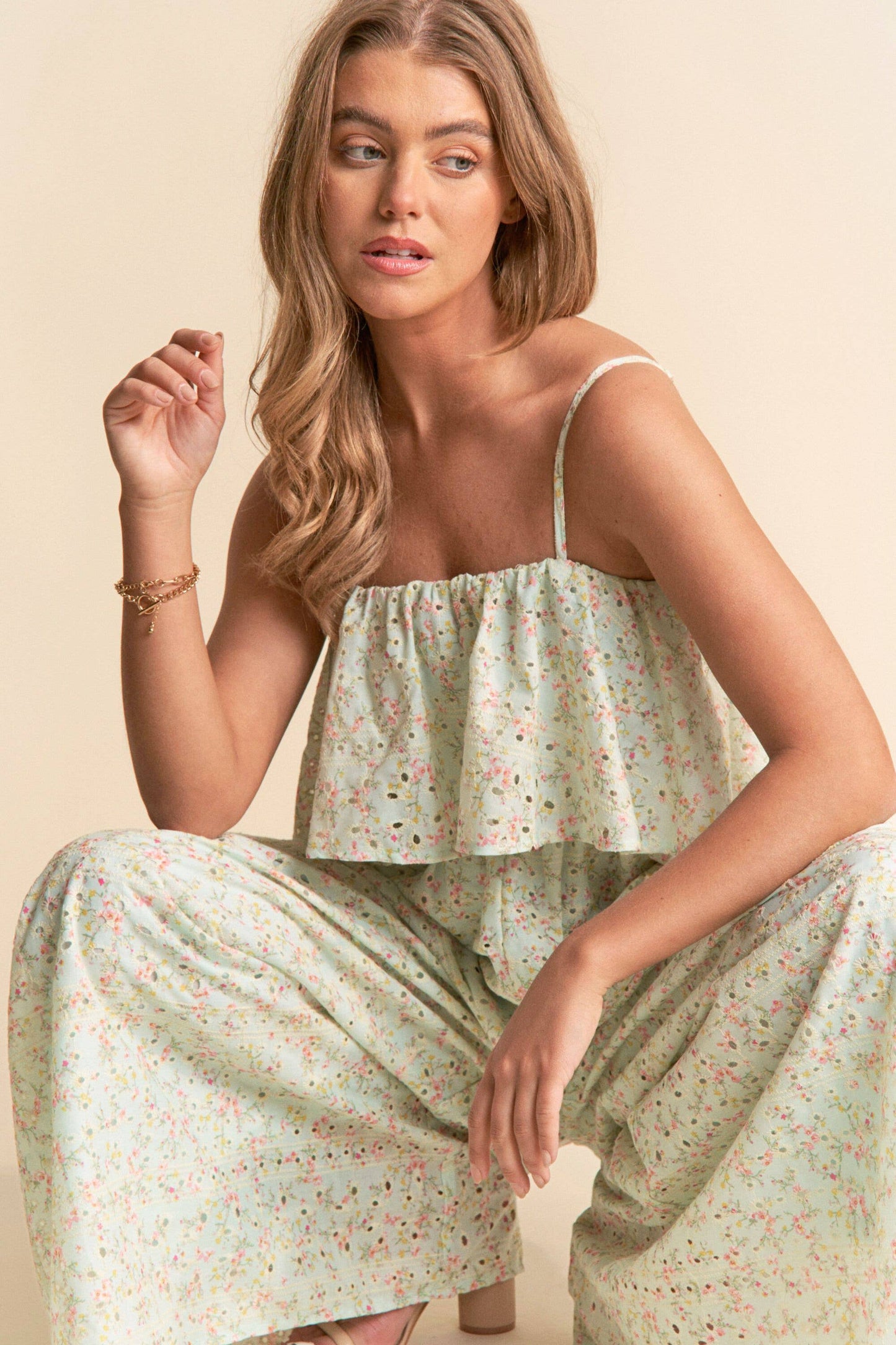 Floral Print Eyelet Tiered Wide Leg Jumpsuit