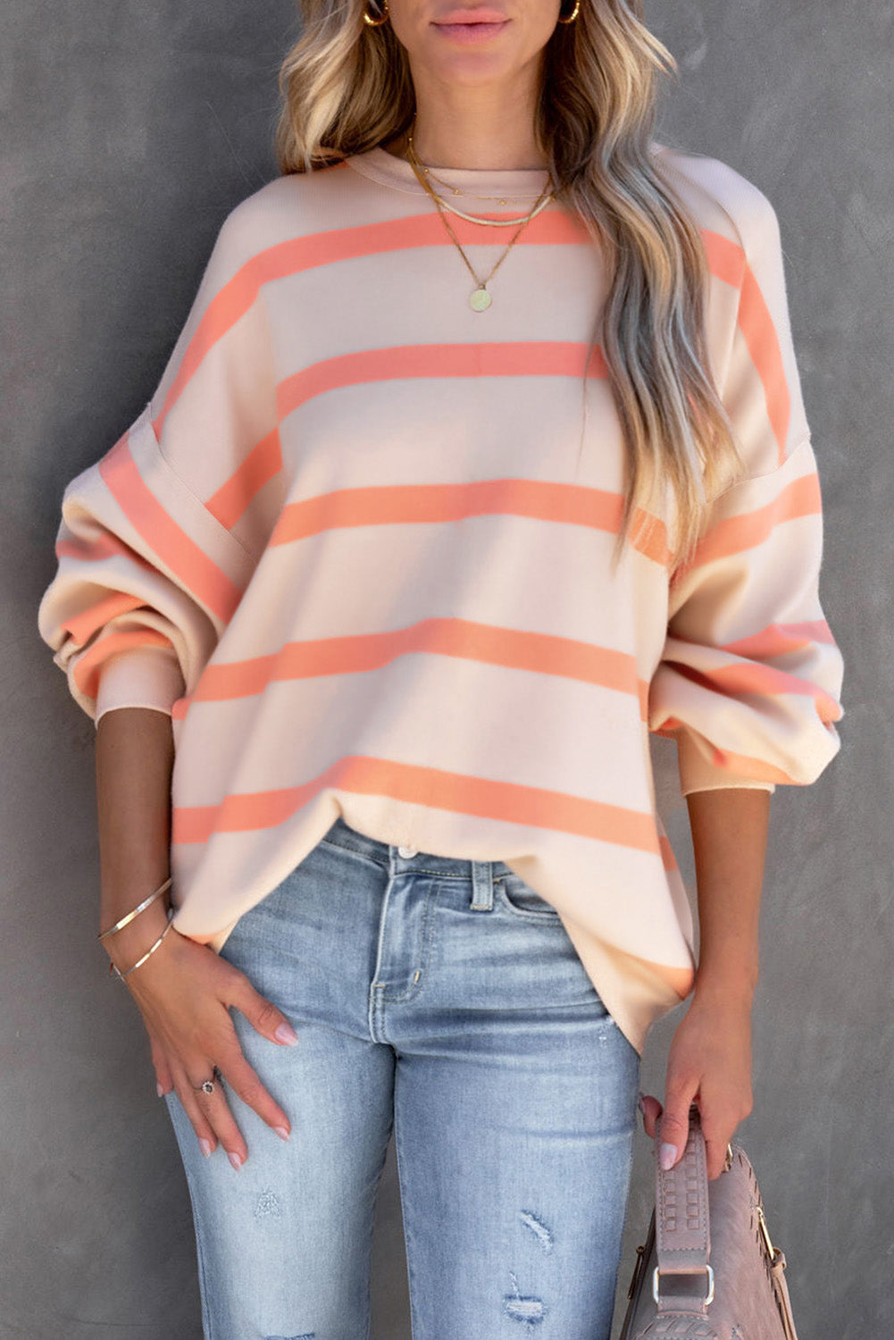 Orange Striped Print Drop Shoulder Pullover Sweatshirt