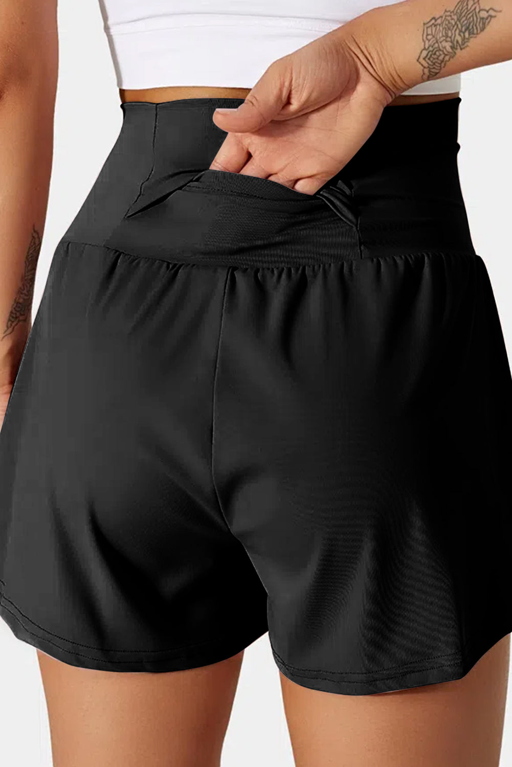 Black Pocketed High Waisted Swim Shorts