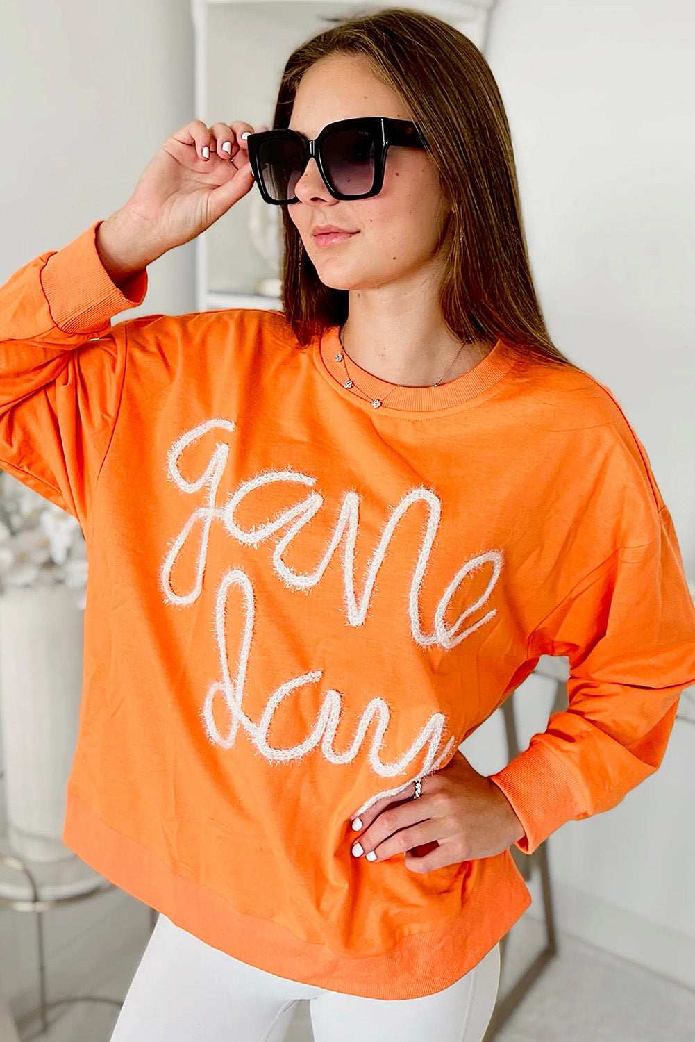 Orange Game Day Contrast Trim Long Sleeve Top