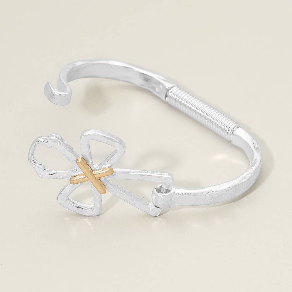 Hammered Metal Open Two Tone Cross Accent Hinged Bangle Bracelet