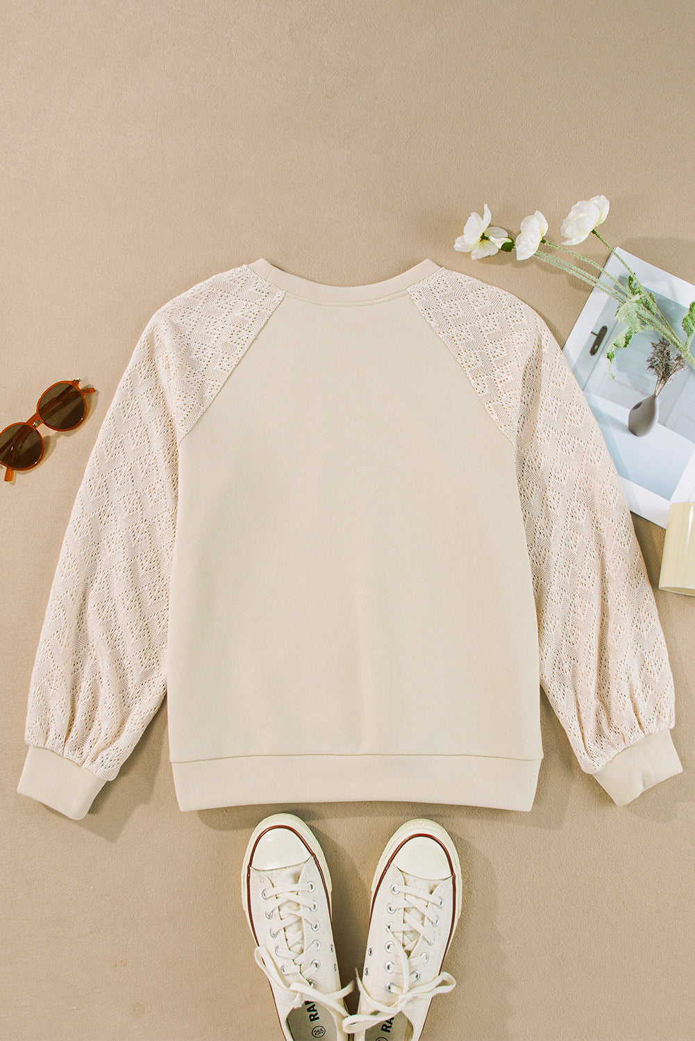 Parchment Eyelet Knit Patchwork Raglan Sleeve Sweatshirt