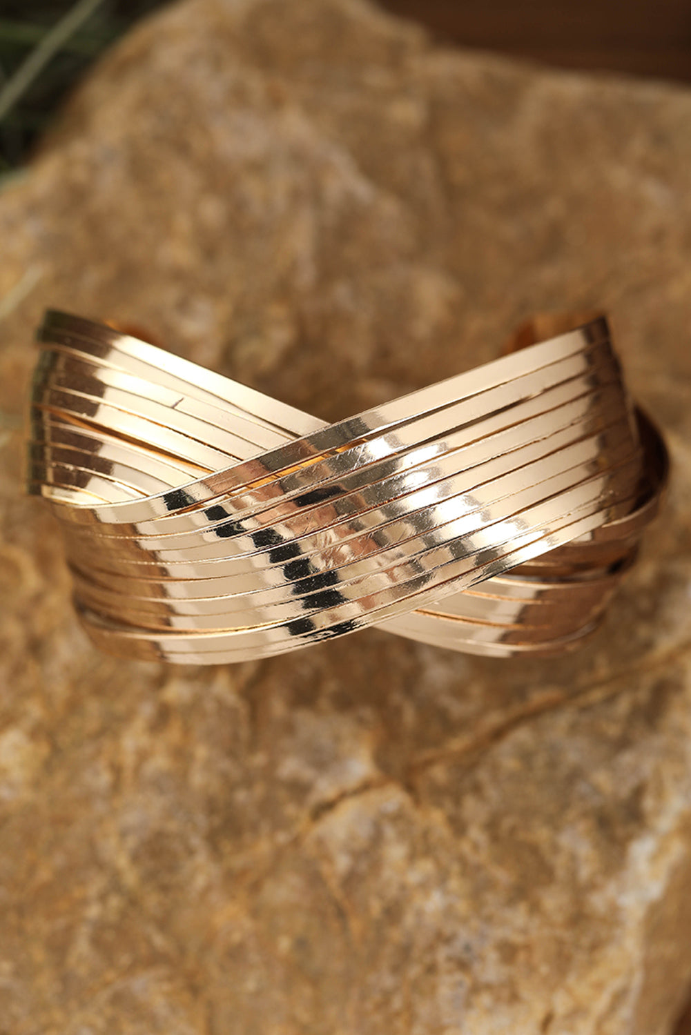 Gold Textured Crossover Metal Cuff Wide Bracelet