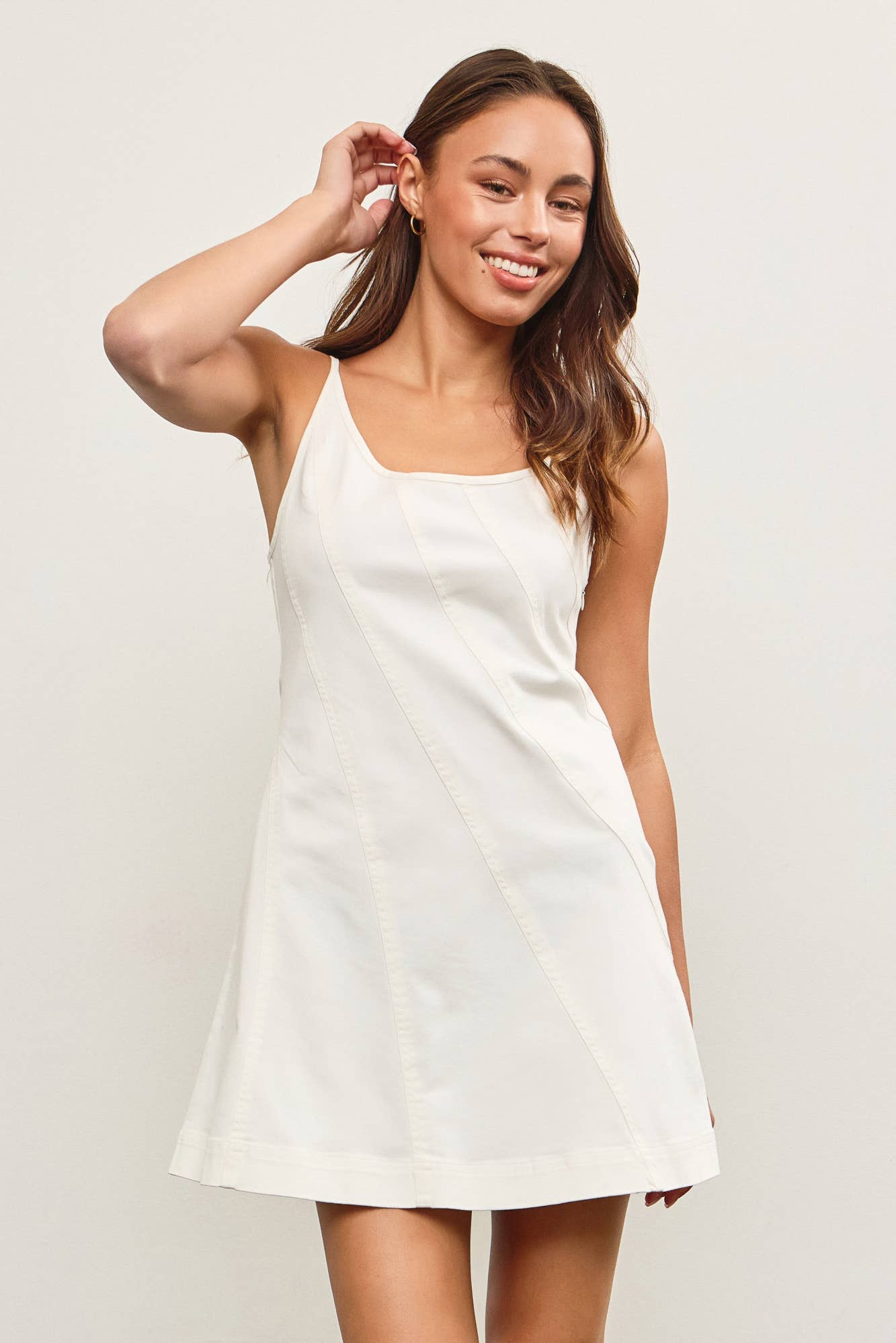 DIAGONAL SEAM DENIM STRAP DRESS