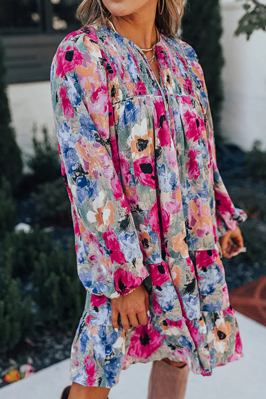 Multicolor Boho Floral Print Tie Neck Smocked Dress