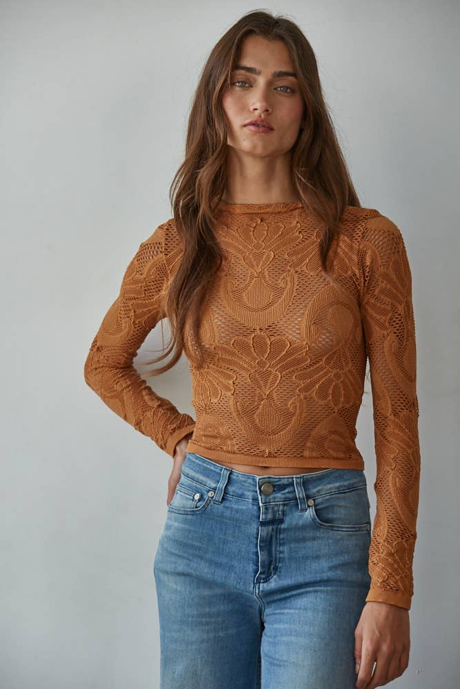 S1228 | Knit Seamless Jacquard Mock Neck Long Sleeve Top