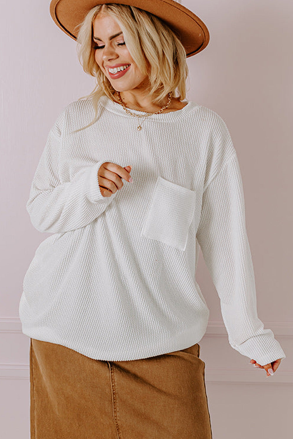 White Plus Size Ribbed Textured Pocketed Long Sleeve Top