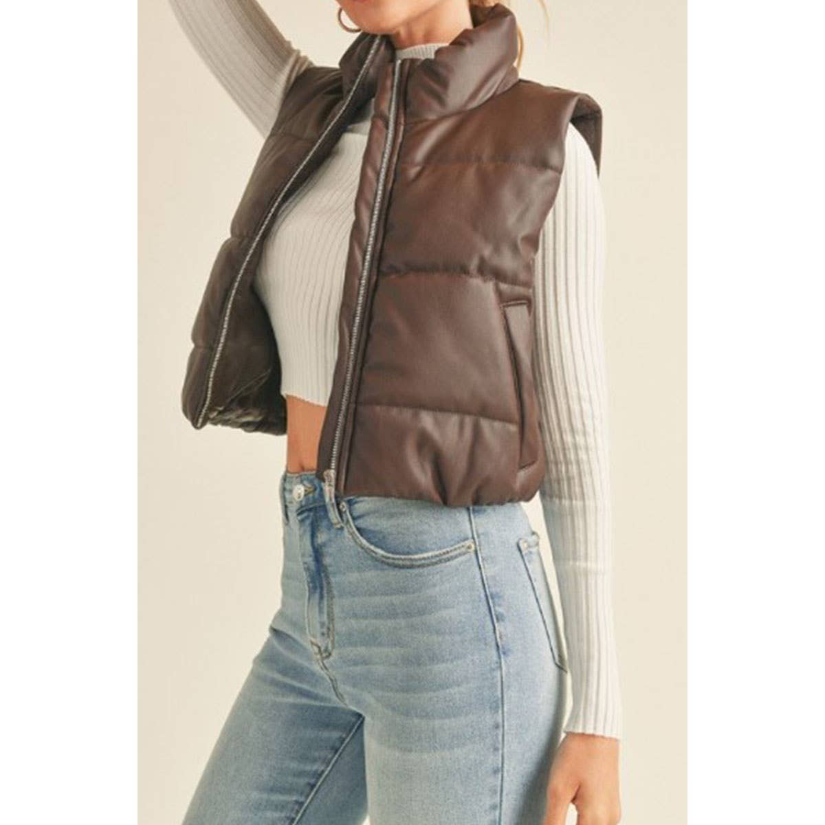 FAUX LEATHER HIGH NECK ZIP UP PUFFER VEST