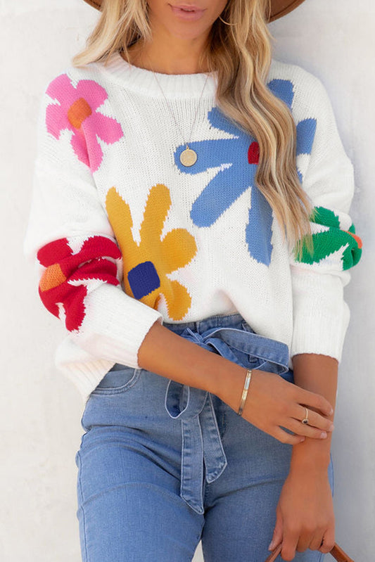 White Colorful Flower Pattern Crewneck Knitted Sweater