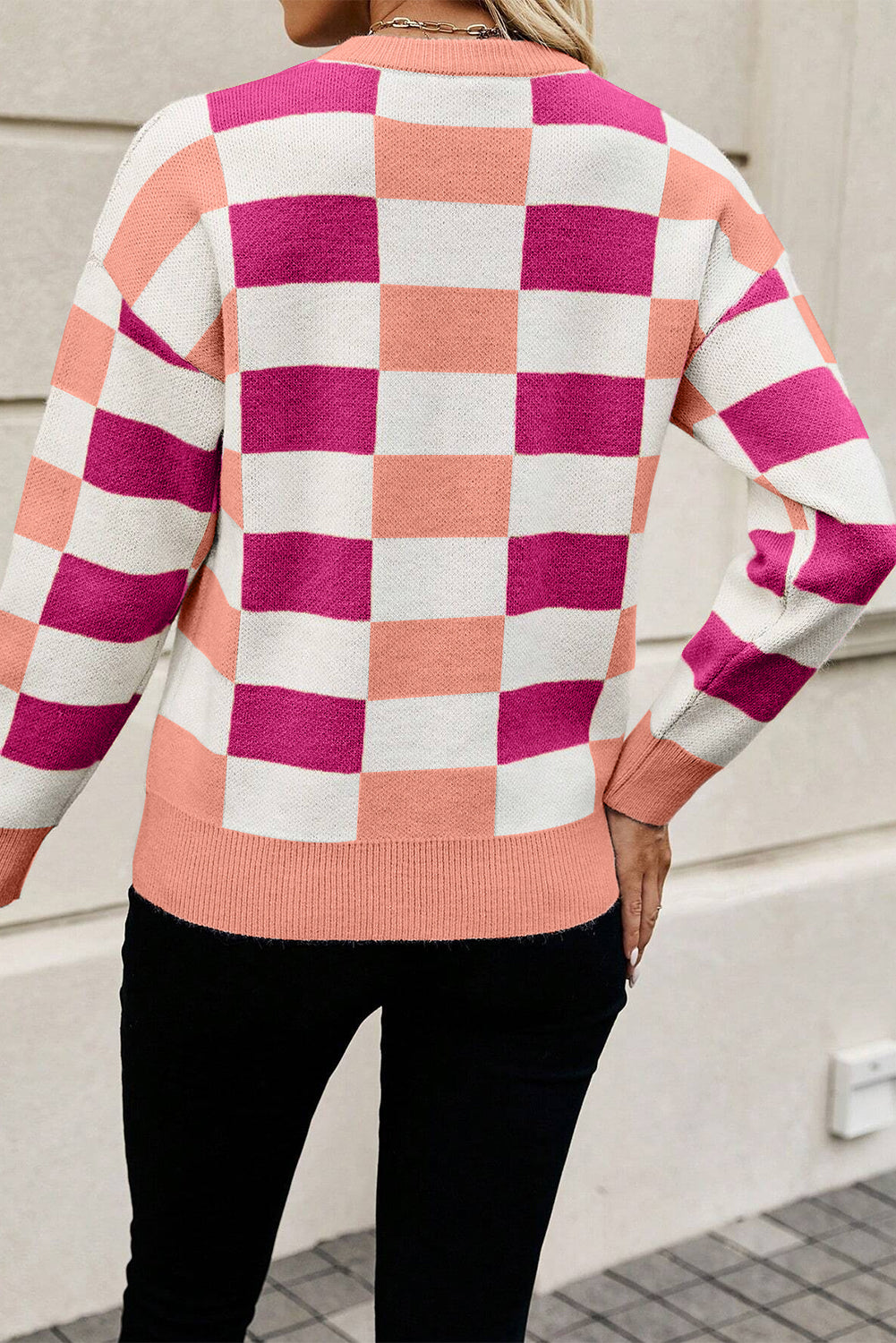 Pink Checkered Crew Neck Drop Shoulder Knit Sweater