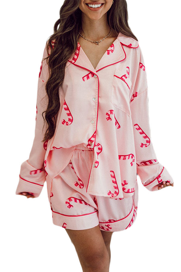 Pink Candy Cane Print Christmas Pajama Set