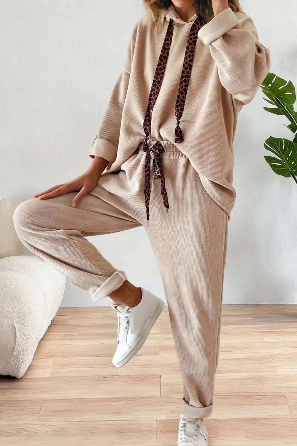 Drawstring Pullover Hoodie and High Waist Pants Corduroy Set