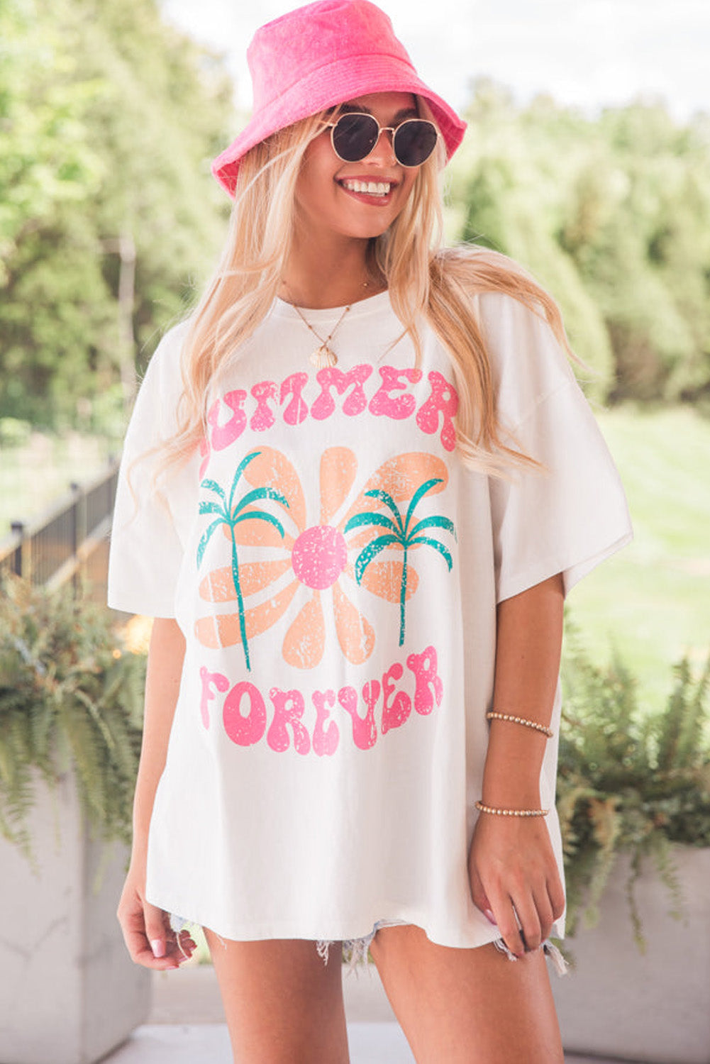 White Summer Forever Flower Graphic Tunic T Shirt