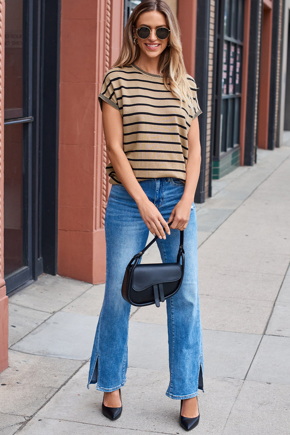 Khaki Stripe Knitted Dolman T Shirt