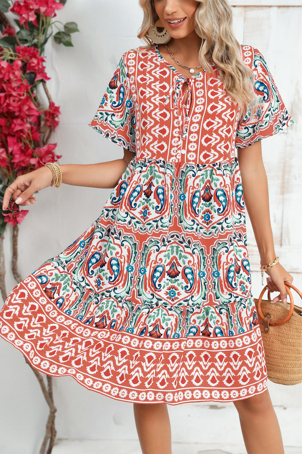 Pink Bohemian Tie Neck Flounce Sleeve Ruffle Hem Mini Dress