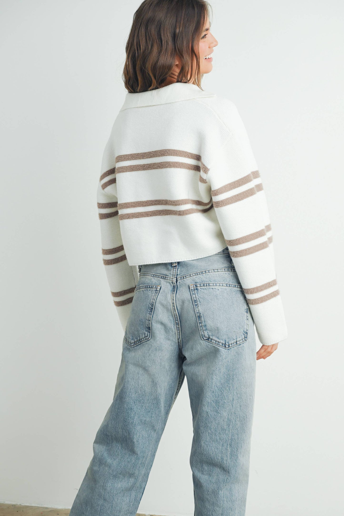 STRIPE CROP COLLAR SWEATER TOP - BMW7393