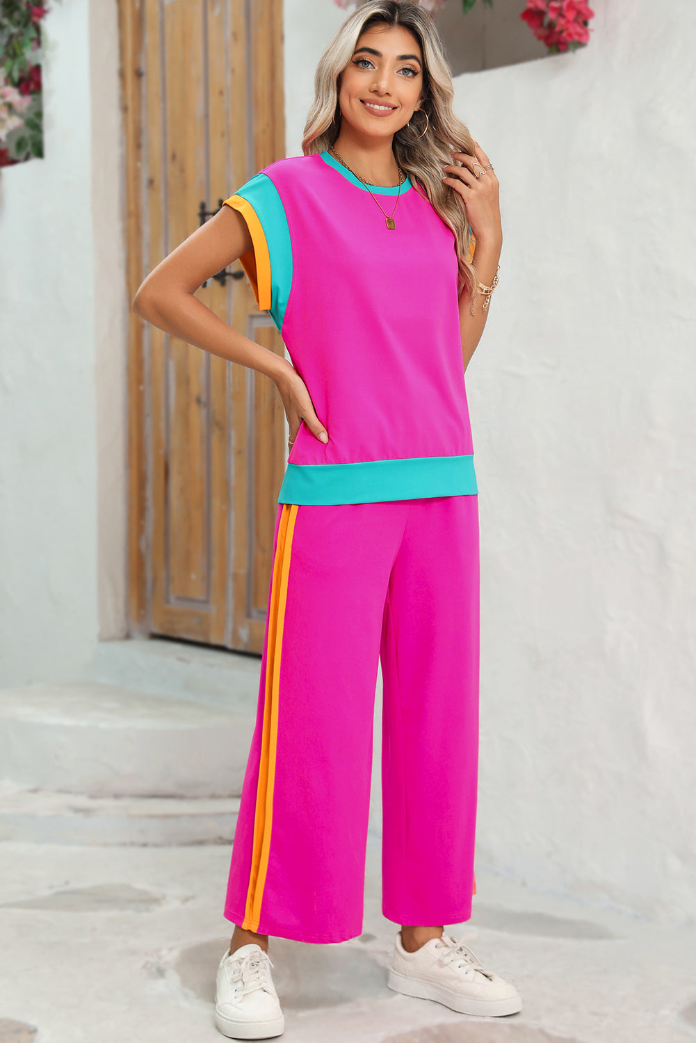 Strawberry Pink Colorblock Cap Sleeve Tee and Wide Leg Pants Set