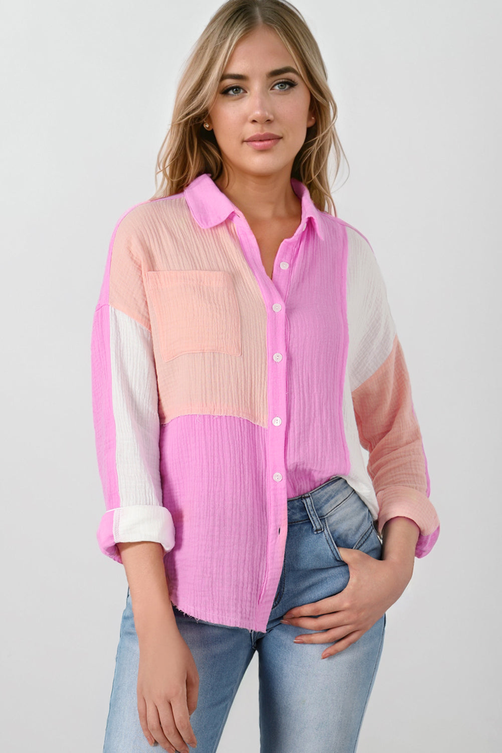 Rose Color Block Buttoned Raw Hem Textured Shirt