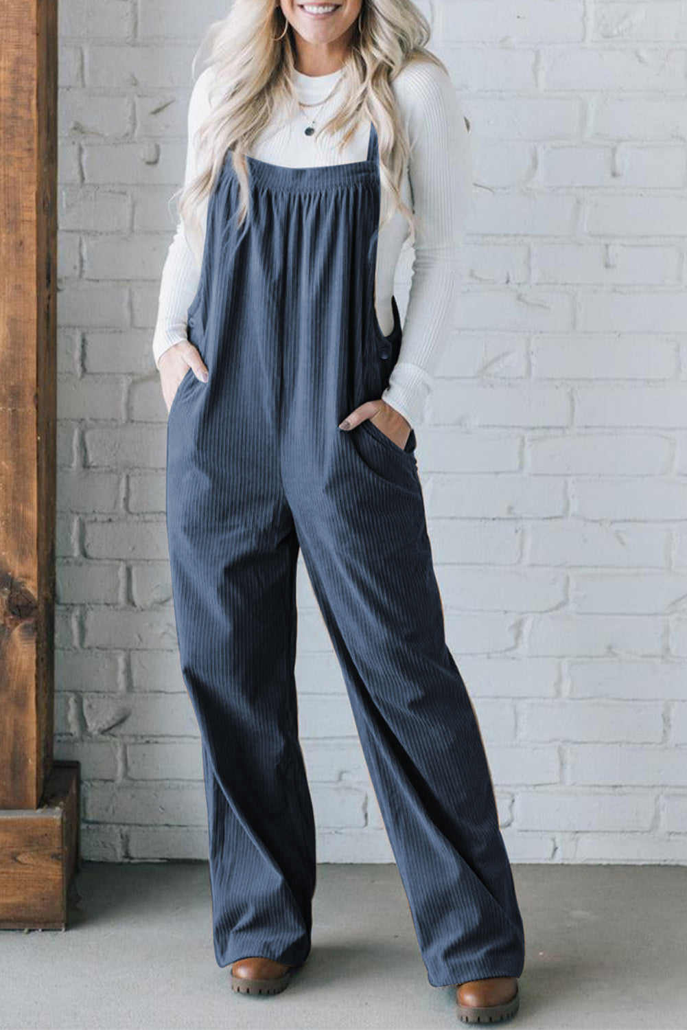 Real Teal Plain Pocketed Loose Fit Corduroy Overalls