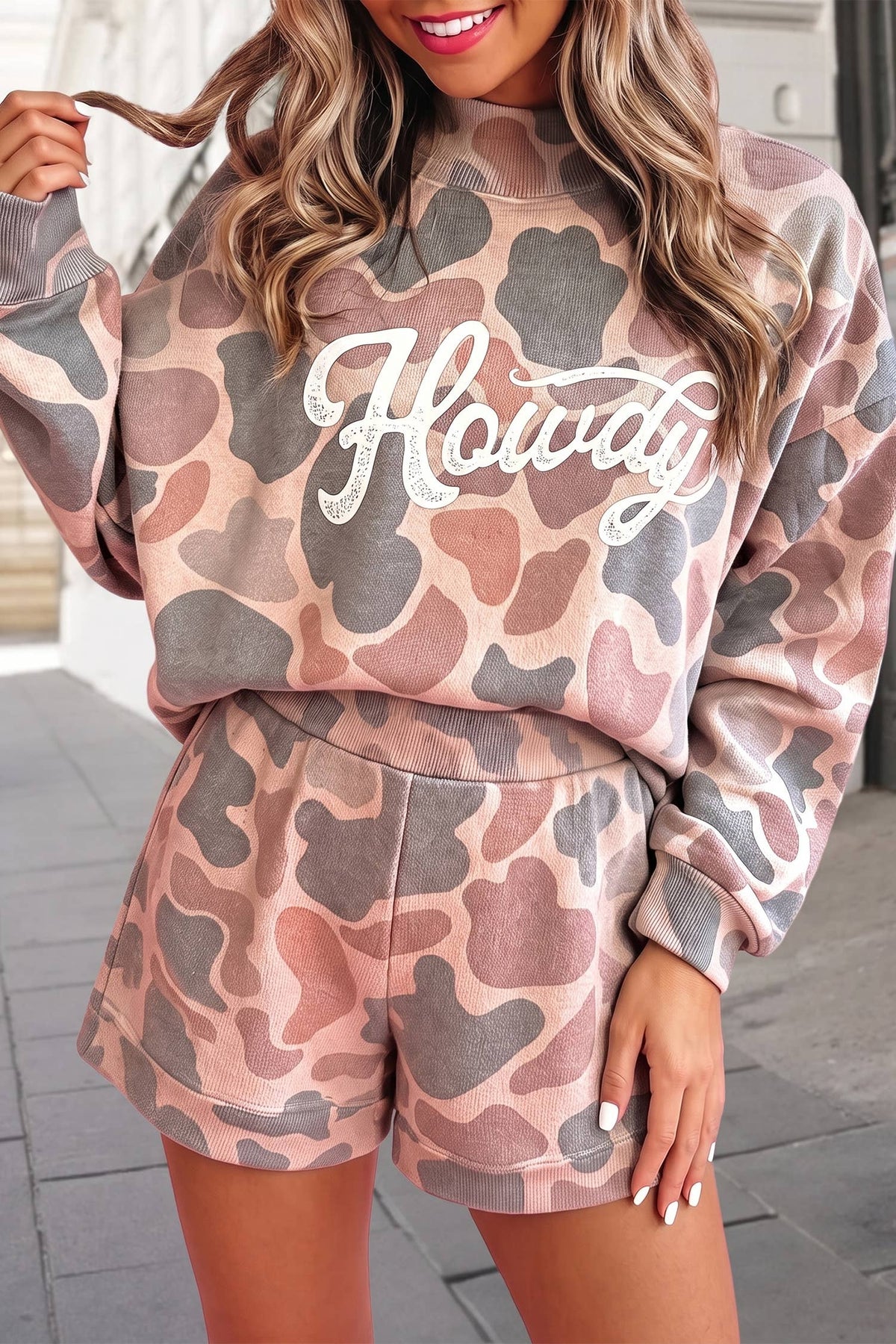 Camouflage Print Mock Neck Loose Shorts Set | S-XL
