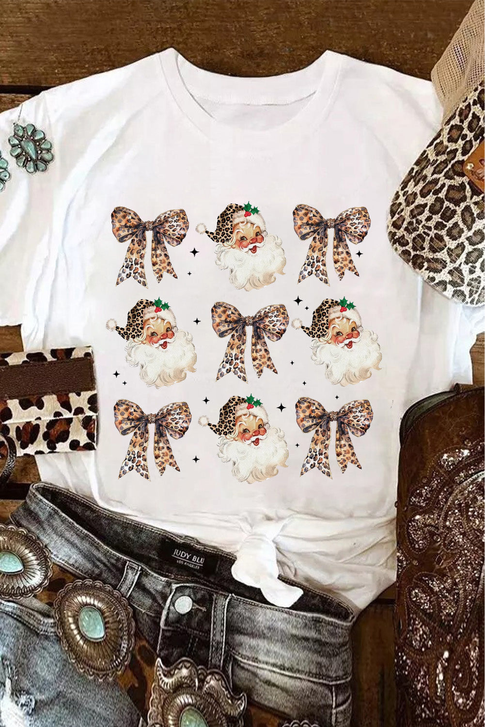 White Santa Claus Leopard Bow Print Crew Neck Graphic T Shirt