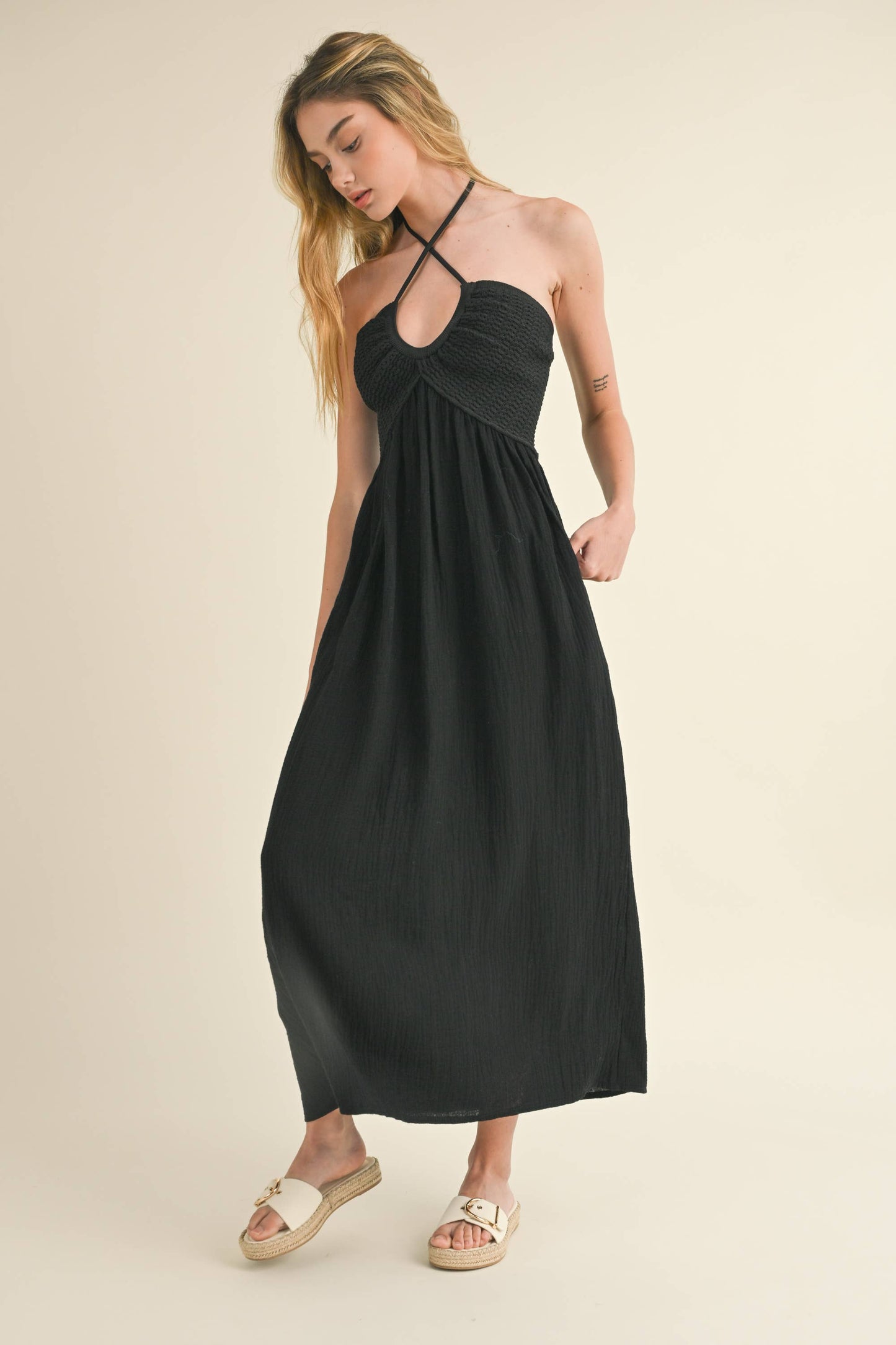 WASHED GAUZE WITH CROCHET TOP CONTRAST DRESS
