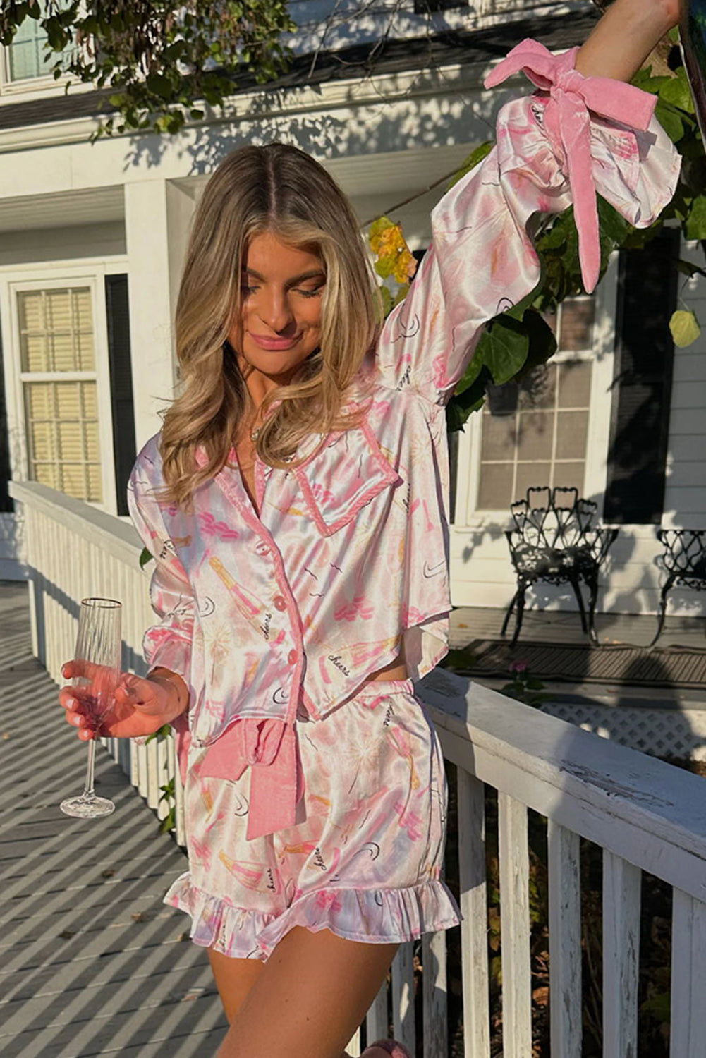 Pink Goblet Print Bell Sleeve Shirt Ruffle Shorts Pajama Set