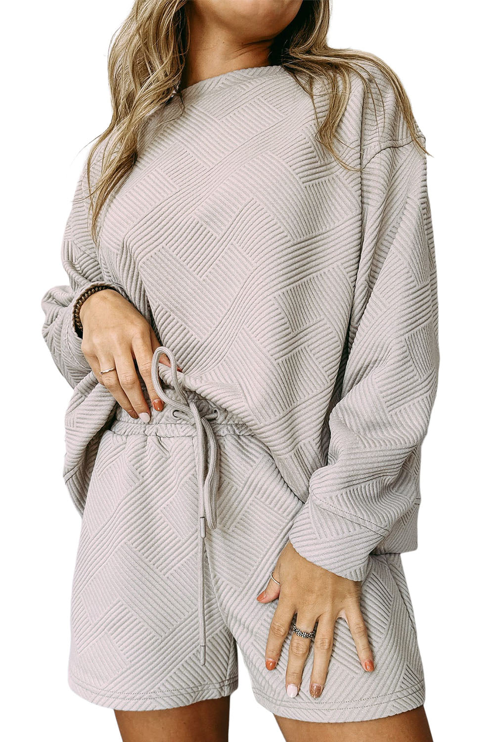 Gray Textured Long Sleeve Top & Drawstring Shorts Set